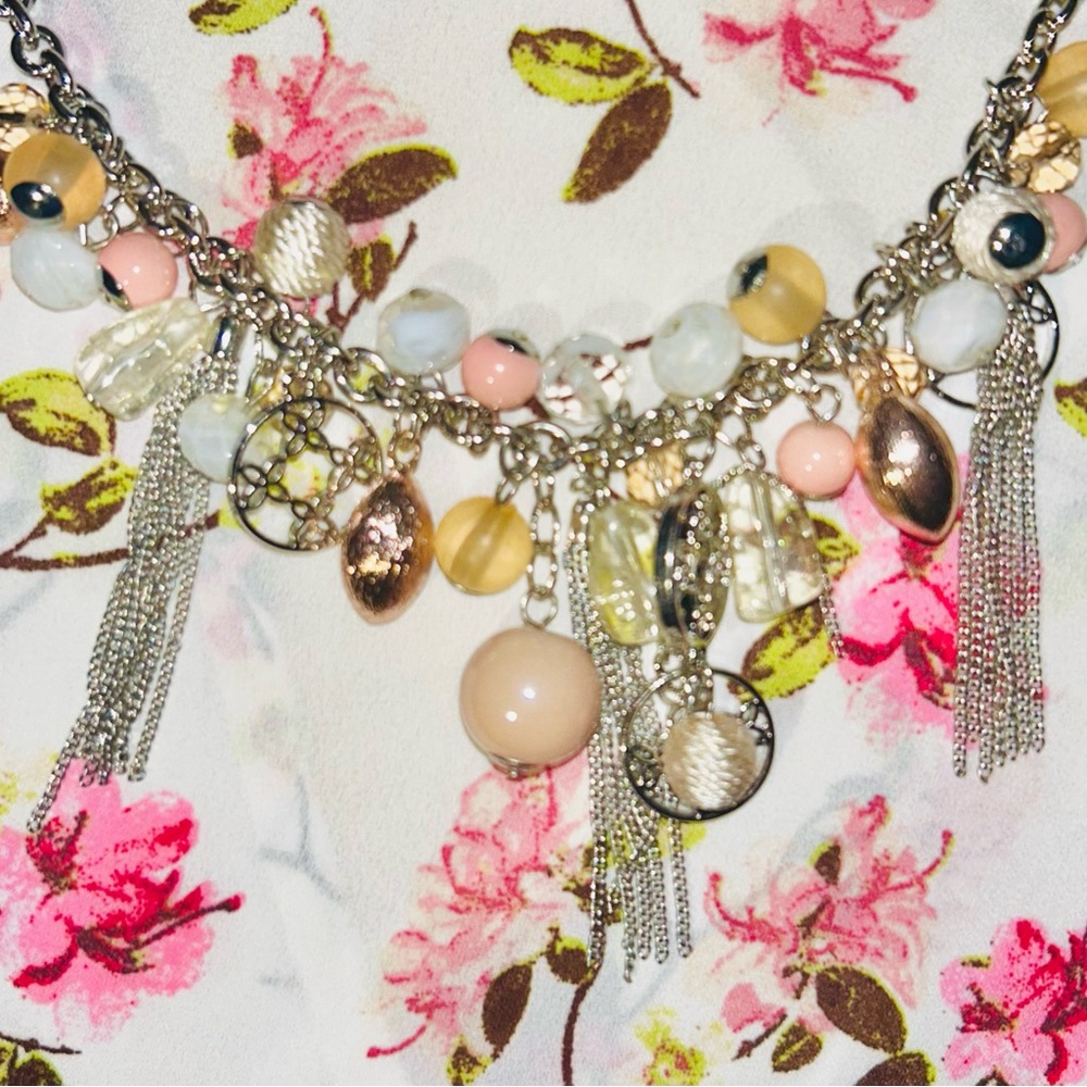 Ann Taylor Silver and Cream Charm Necklace Not Worn Sets of Price tags attached